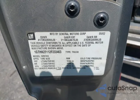 2002 GMC Sierra K2500 Heavy Duty из США, поврежденный, VIN 1GTHK23112F233463